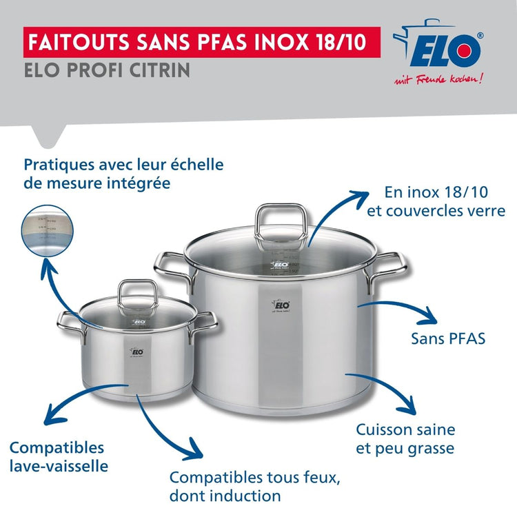 Ensemble de 1 Poêle de cuisson 28 cm et 2 faitouts 16 et 26 cm Elo Profi Citrin