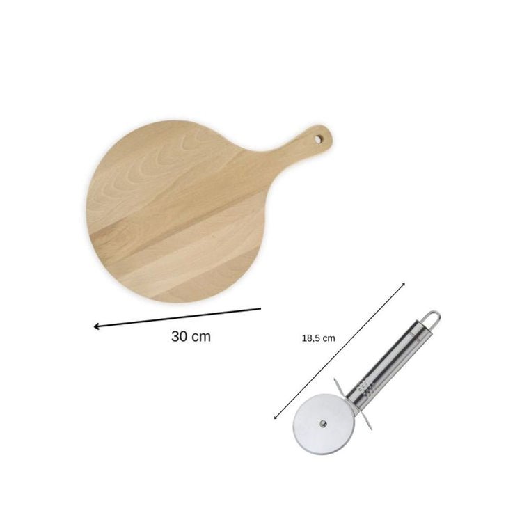 6 Planches à pizza et tarte flambée en bois 30 cm et Roulette à pizza en inox Fackelmann