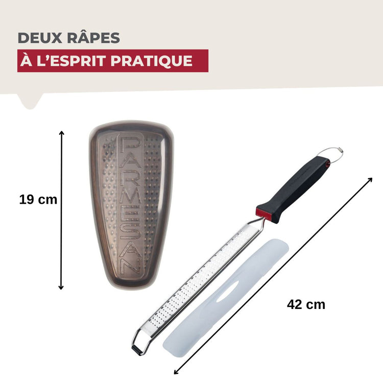 Duo Râpe à zeste longue à gros grain avec couvercle de protection 42 cm et Râpe à parmesan et sa boîte de rangement 19 cm FM Professional Gourmet