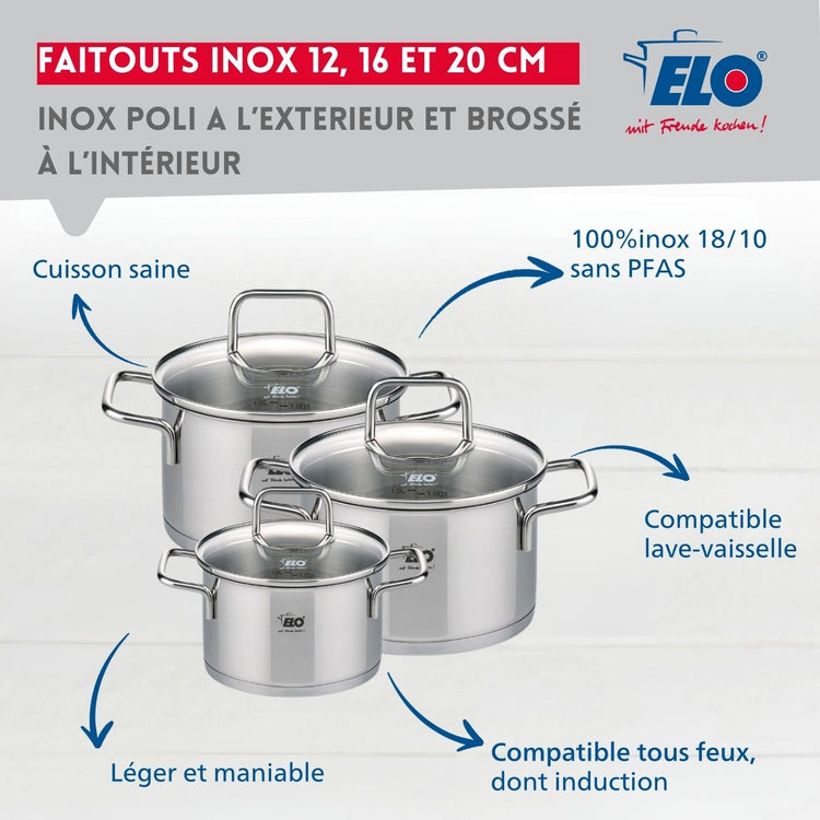 Set de 3 faitouts avec couvercles en verre 12 cm 16 cm et 20 cm Elo Citrin