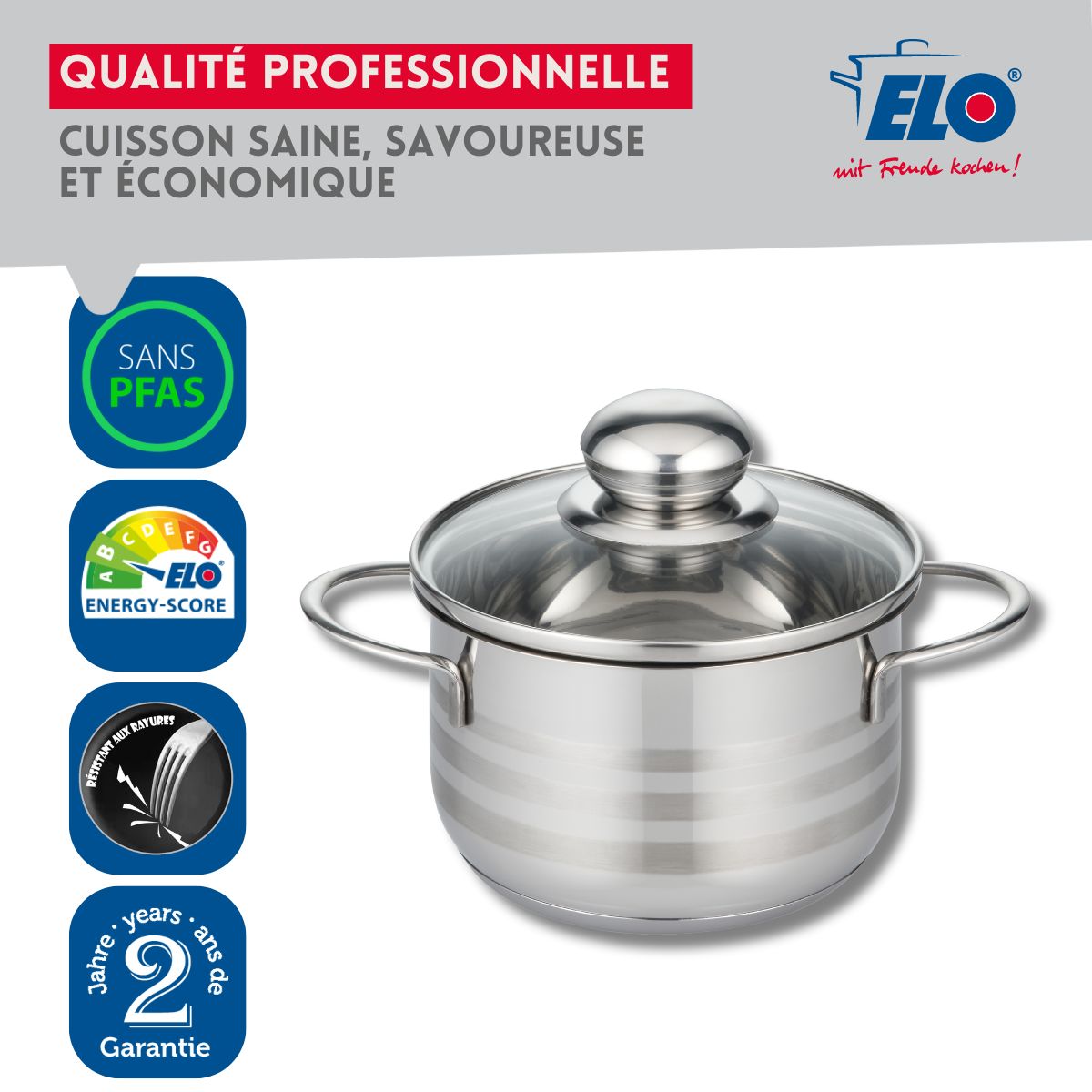 Faitout haut en acier inoxydable sans PFAS 16 cm Elo Brillant 