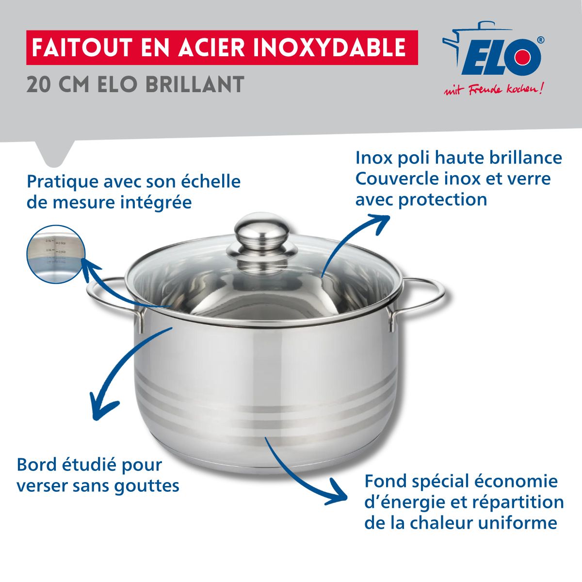 Faitout en acier inoxydable sans PFAS 20 cm Elo Brillant 