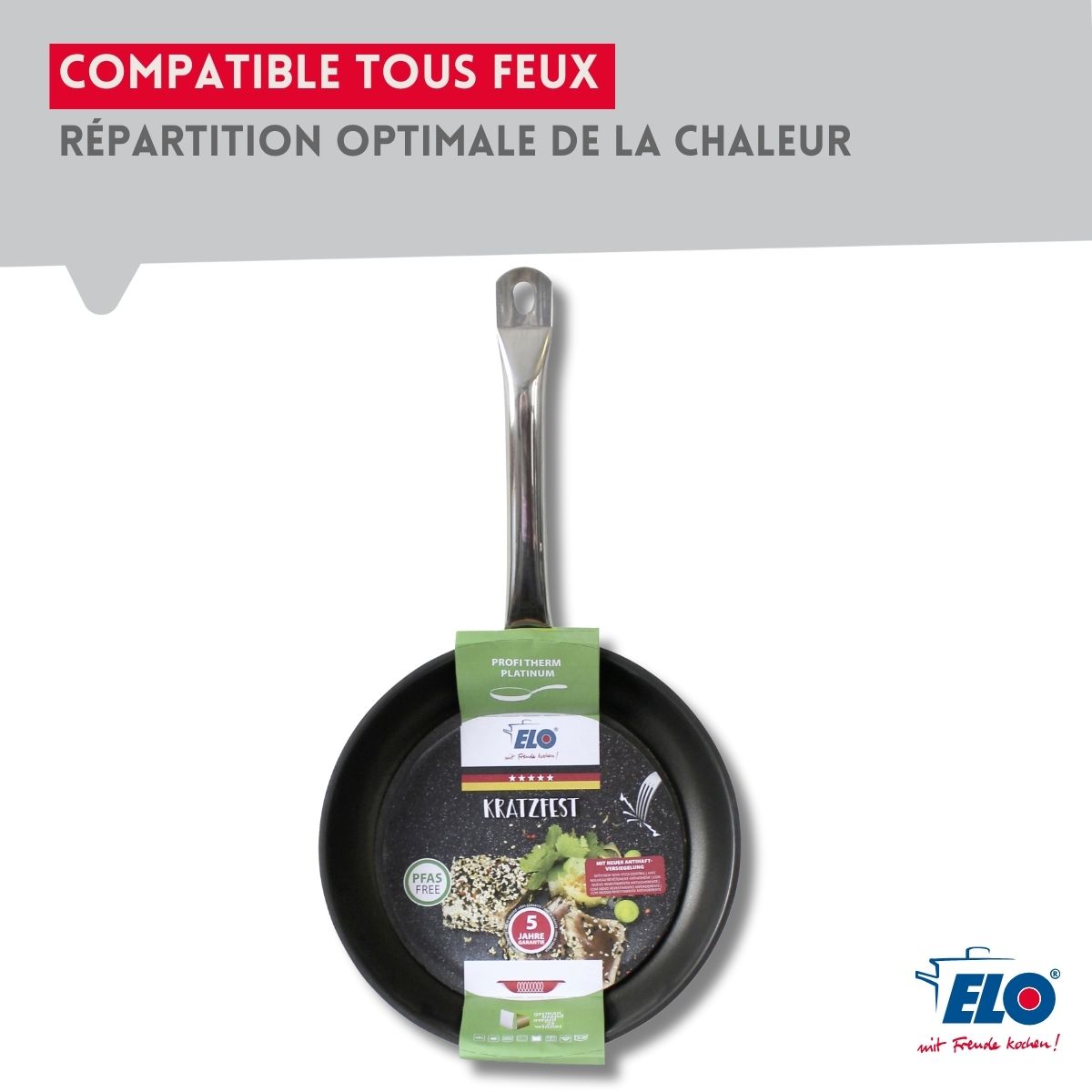 Set de 3 Poêles de cuisson avec revêtement céramique sans PFAS 24 cm, 28 cm et 32 cm Profi Therm Platinum Elo
