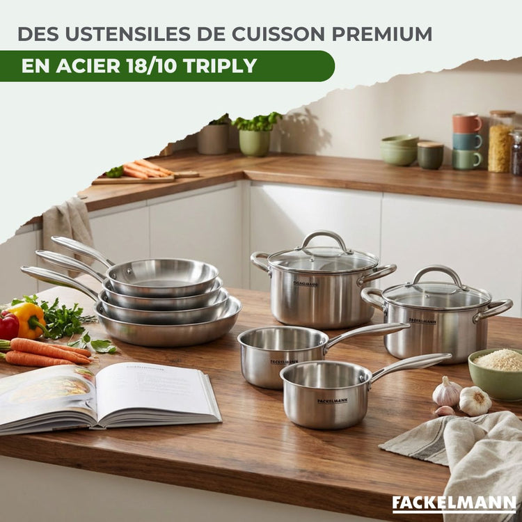 4 poêles à Frire 20 24 26 et 28 cm, Casseroles 14 et 18 cm inox 18/10, Faitouts 20 et 24 cm inox 18/10 Triply Fackelmann Vita3