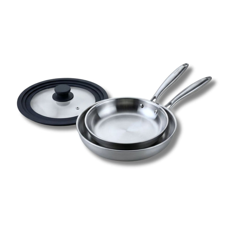 Set de 2 poêles de cuisson 24/26 cm en acier inoxydable avec 1 couvercle de cuisson universel Fackelmann Vita3