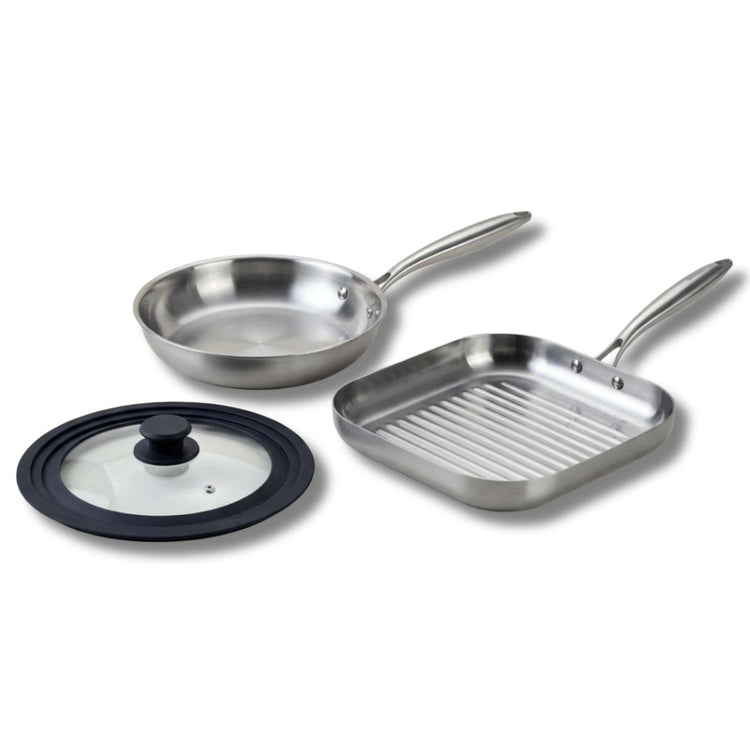 Poêle à Frire 26 cm et Gril 28 cm inox 18/10 Triply et couvercle Fackelmann Vita3