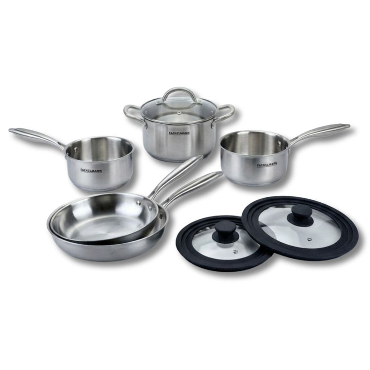 Batterie de cuisine avec 2 casseroles 14/18 cm 1 faitout 20 cm 2 poêles 24/26 cm et 2 ustensiles de cuisine sans PFAS Fackelmann Vita3