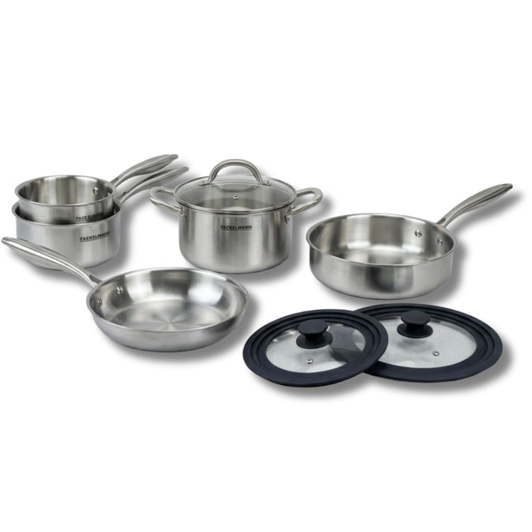 Poêles à Frire 24 cm, Casseroles 14 et 18 cm, Faitout 20 cm, Sauteuse 24 cm inox 18/10 Triply et 2 couvercles Fackelmann Vita3