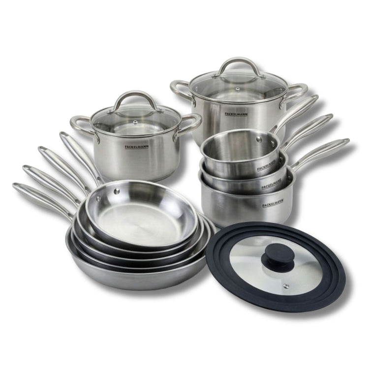4 poêles à Frire 20 24 26 et 28 cm, Casseroles 14 et 18 cm inox 18/10, Faitouts 20 et 24 cm inox 18/10 Triply, Couvercle Fackelmann Vita3