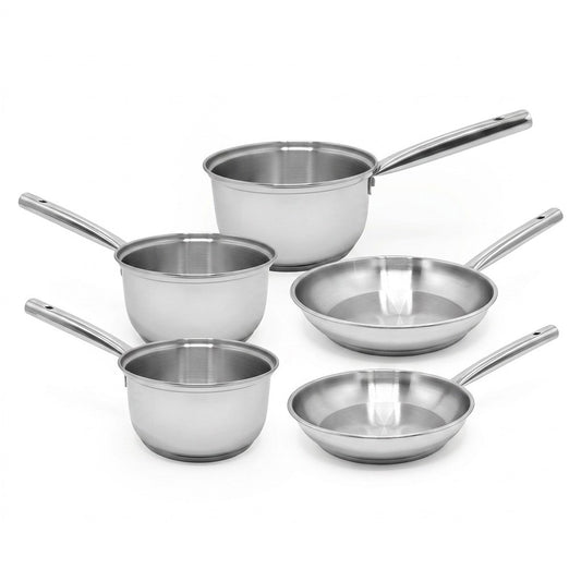 Lot de 3 casseroles en inox 18/20/22 cm et 2 poêles à frire en inox 20/28 cm Fackelmann Rhona