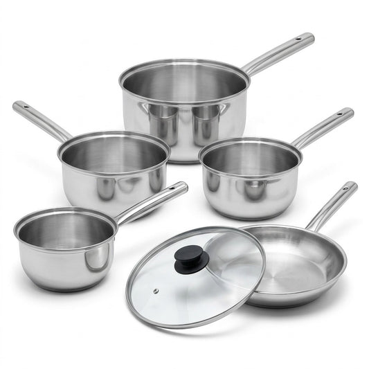 Lot de 4 casseroles en inox 16/18/20/22 cm et poêle avec couvercle 28 cm Fackelmann Rhona