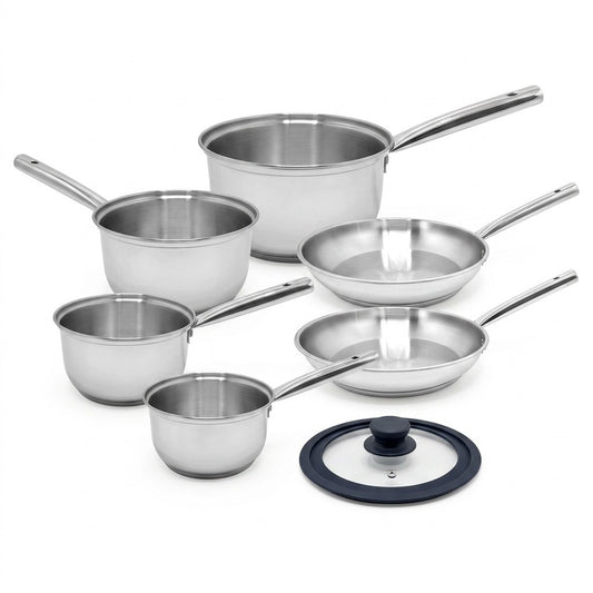 Lot de 4 casseroles 16/18/20/22 cm et poêles en inox 24/28 cm avec couvercle Fackelmann Rhona