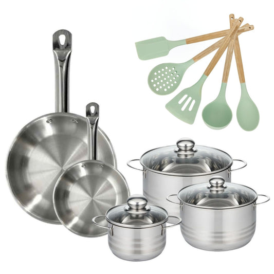 Batterie de cuisine avec 3 faitouts 16/20/24 cm et 2 poêles 20/28 cm et 5 ustensiles de cuisine sans PFAS Fackelmann Etherna Brillant Fenix Océan