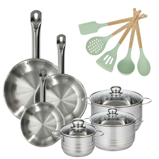 Batterie de cuisine avec 3 faitouts 16/20/24 cm et 3 poêles 20/24/28 cm avec 5 ustensiles de cuisine Fackelmann Etherna Brillant Fenix Océan