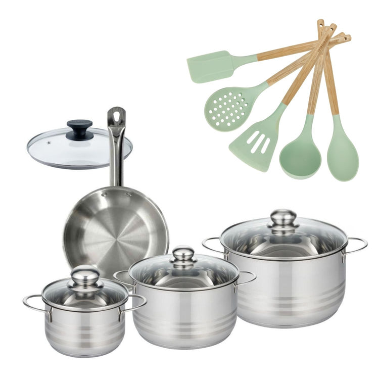 Batterie de cuisine avec 3 faitouts 16/20/24 cm et 1 poêle 20 cm avec 6 ustensiles de cuisine Fackelmann Etherna Brillant Fenix Océan avec couvercles