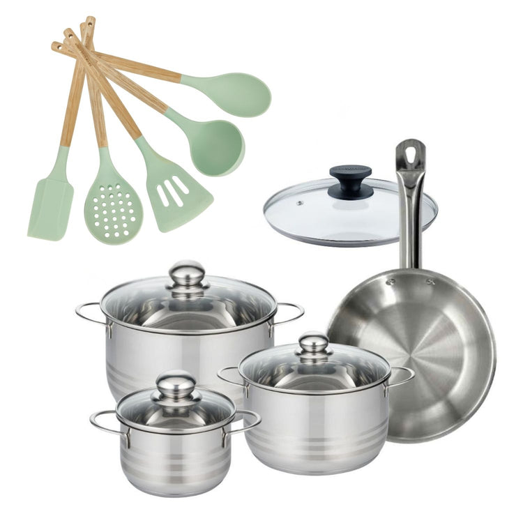 Batterie de cuisine avec 3 faitouts 16/20/24 cm et 1 poêle 24 cm avec 6 ustensiles de cuisine Fackelmann Etherna Brillant Fenix Océan avec couvercles