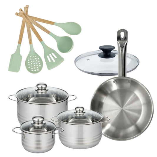 Batterie de cuisine avec 3 faitouts 16/20/24 cm et 1 poêle 28 cm avec 6 ustensiles de cuisine Fackelmann Etherna Brillant Fenix Océan avec couvercles