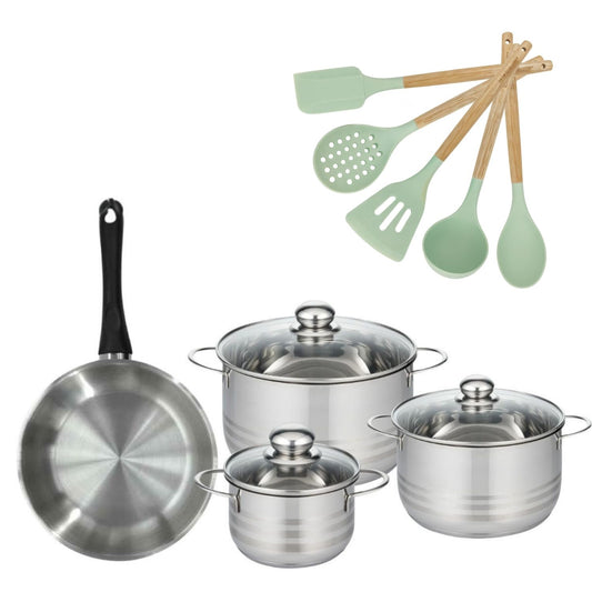 Batterie de cuisine avec 3 faitouts 16/20/24 cm et 1 poêle 24 cm avec 5 ustensiles de cuisine Fackelmann Généva Brillant Ocean