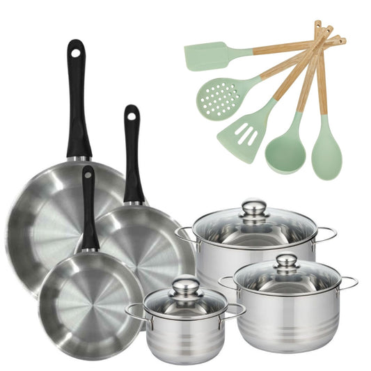 Batterie de cuisine avec 3 faitouts 16/20/24 cm et 3 poêles 20/24/28 cm avec 5 ustensiles de cuisine Fackelmann Généva Brillant Ocean