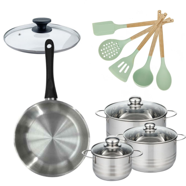 Batterie de cuisine avec 3 faitouts 16/20/24 cm et 1 poêle 28 cm avec 6 ustensiles de cuisine Fackelmann Généva Brillant Ocean avec couvercles