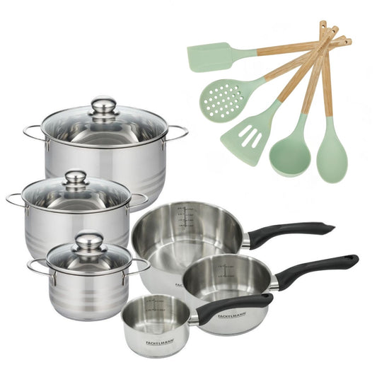 Batterie de cuisine avec 3 faitouts 16/20/24 cm et 3 casseroles 12/16/20 cm avec 5 ustensiles de cuisine sans PFAS Fackelmann Généva Brillant Ocean