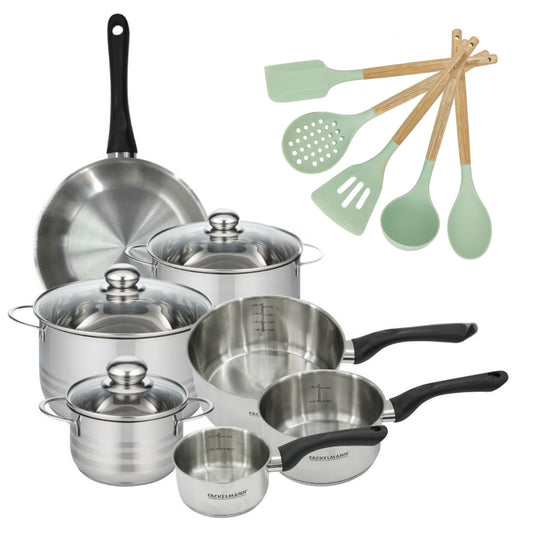 Batterie de cuisine avec 3 faitouts 16/20/24 cm et 3 casseroles 12/16/20 cm avec 1 poêle et 5 ustensiles de cuisine Fackelmann Généva Brillant Ocean