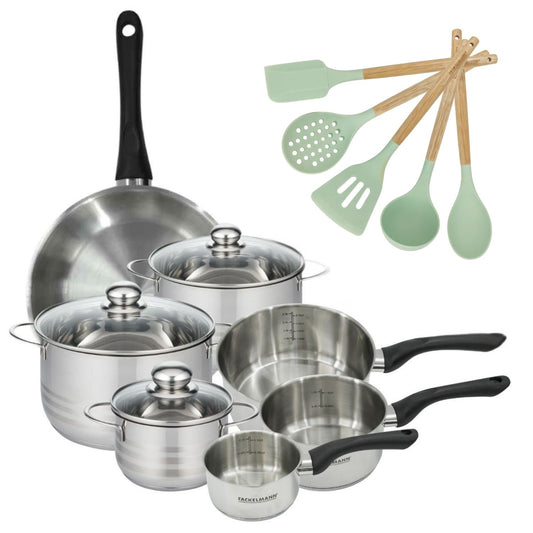 Batterie de cuisine avec 3 faitouts 16/20/24 cm et 3 casseroles 12/16/20 cm avec 5 ustensiles de cuisine Fackelmann Généva Brillant Ocean