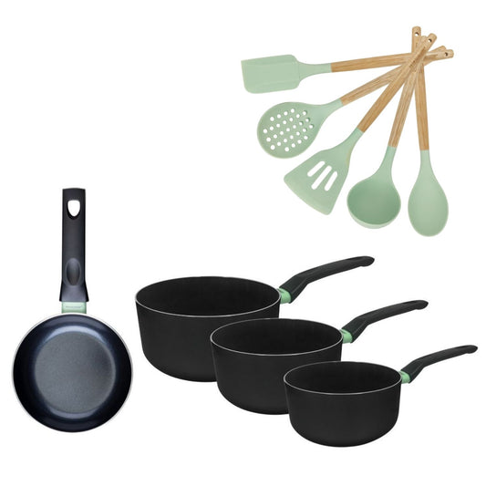 Batterie de cuisine avec 1 poêle 16 cm et 3 casseroles 16/18/20 cm avec 5 ustensiles de cuisine Fackelmann Brandao Océan