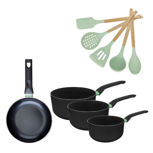 Batterie de cuisine avec 1 poêle 20 cm et 3 casseroles 16/18/20 cm sans PFAS et 5 ustensiles de cuisine Fackelmann Brandao Océan