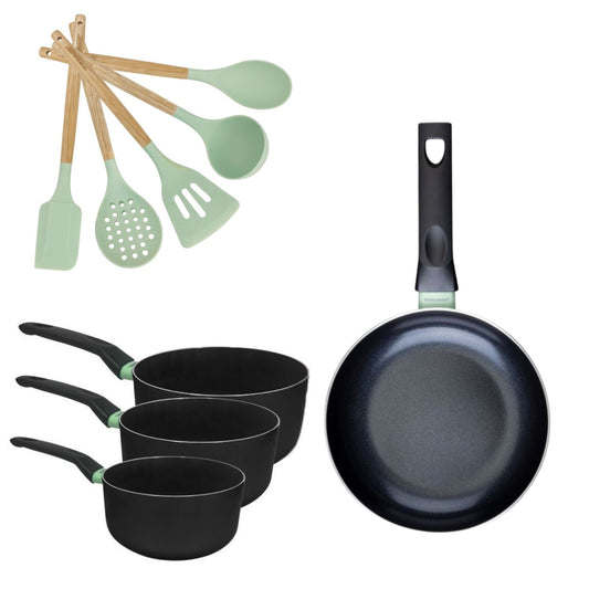 Batterie de cuisine avec 1 poêle 28 cm et 3 casseroles 16/18/20 cm et 5 ustensiles de cuisine Fackelmann Brandao Océan