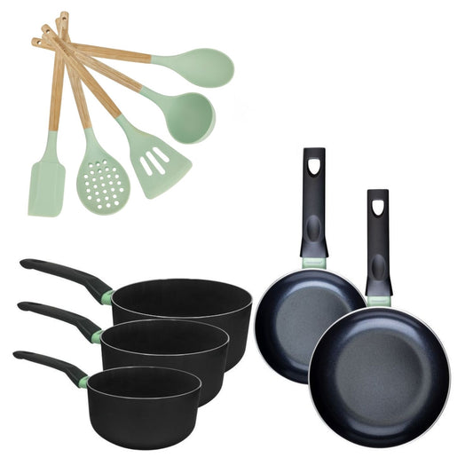 Batterie de cuisine avec 2 poêles 16/20 cm et 3 casseroles 16/18/20 cm avec 5 ustensiles de cuisine sans PFAS Fackelmann Brandao Océan