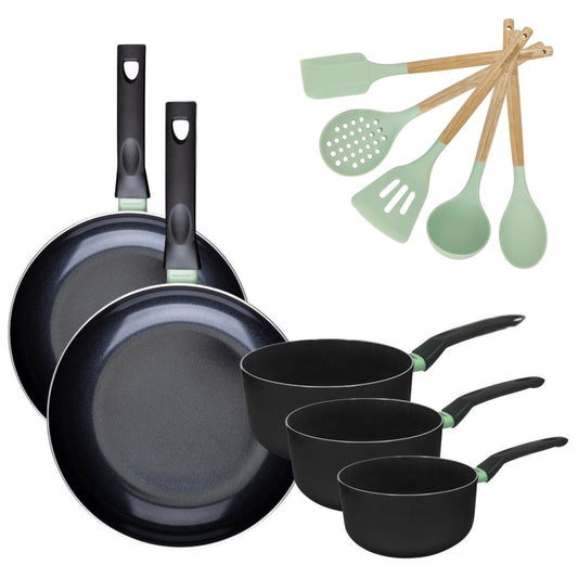 Batterie de cuisine avec 2 poêles 28/30 cm et 3 casseroles 16/18/20 cm avec 5 ustensiles de cuisine Fackelmann Brandao Océan