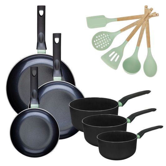 Batterie de cuisine avec 3 poêles 20/24/28 cm et 3 casseroles 16/18/20 cm avec 5 ustensiles de cuisine Fackelmann Brandao Océan