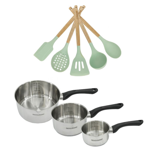 Batterie de cuisine avec 3 casseroles 12/16/20 cm et 5 ustensiles de cuisine sans PFAS Fackelmann Généva Océan