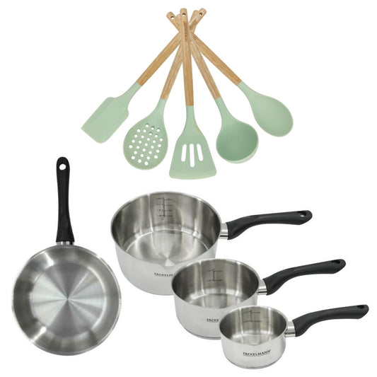 Batterie de cuisine avec 3 casseroles 12/16/20 cm et 1 poêle 20 cm avec 5 ustensiles de cuisine sans PFAS Fackelmann Généva Océan