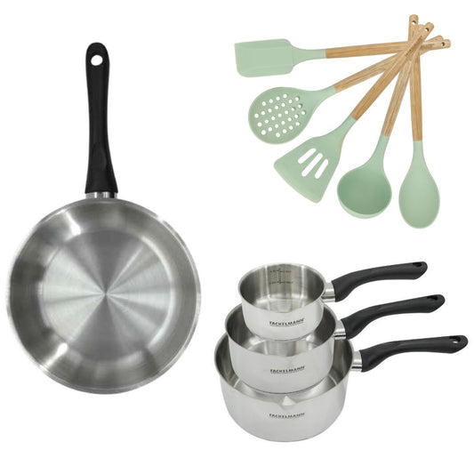 Batterie de cuisine avec 3 casseroles 12/16/20 cm et 1 poêle 28 cm avec 5 ustensiles de cuisine sans PFAS Fackelmann Généva Océan