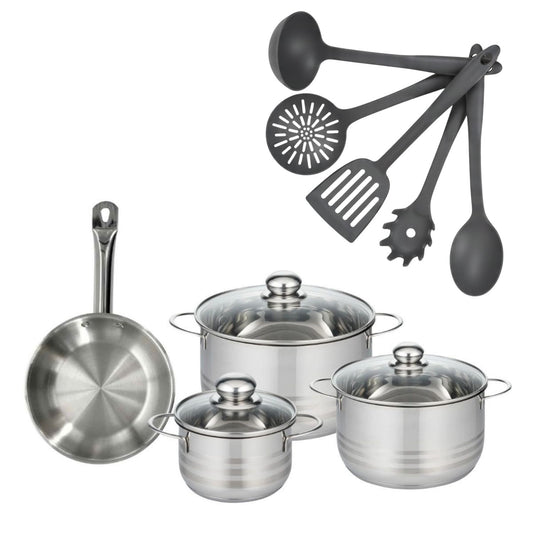 Batterie de cuisine avec 3 faitouts 16/20/24 cm et 1 poêle 20 cm avec 5 ustensiles de cuisine Fackelmann Etherna Brillant Clip