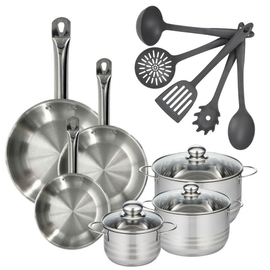 Batterie de cuisine avec 3 faitouts 16/20/24 cm et 3 poêles 20/24/28 cm avec 5 ustensiles de cuisine sans PFAS Fackelmann Etherna Brillant Clip