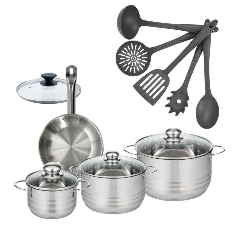 Batterie de cuisine avec 3 faitouts 16/20/24 cm 1 poêle 20 cm et 6 ustensiles de cuisine sans PFAS Fackelmann Etherna Brillant Clip avec couvercles