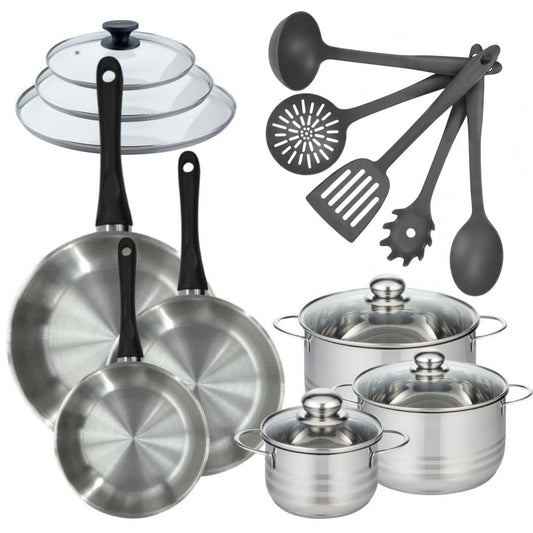 Batterie de cuisine avec 3 faitouts 16/20/24 cm et 3 poêles 20/24/28 cm et 8 ustensiles de cuisine Fackelmann Généva Brillant Clip avec couvercles
