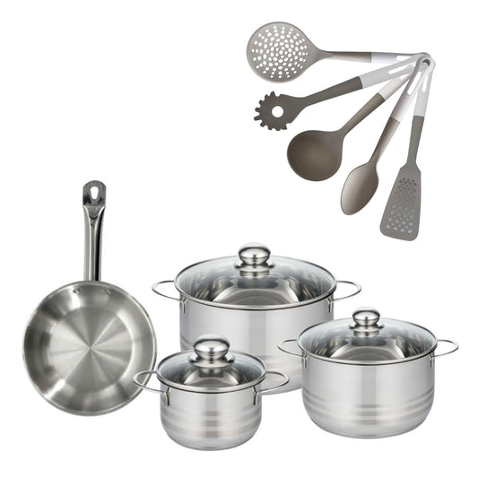 Batterie de cuisine avec 3 faitouts 16/20/24 cm et 1 poêle 20 cm avec 5 ustensiles de cuisine Fackelmann Etherna Brillant Vario