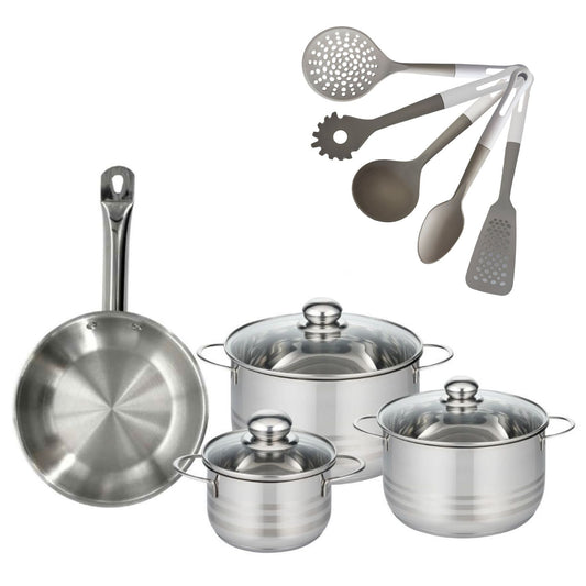 Batterie de cuisine avec 3 faitouts 16/20/24 cm et 1 poêle 24 cm avec 5 ustensiles de cuisine Fackelmann Etherna Brillant Vario