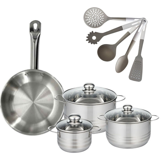 Batterie de cuisine avec 3 faitouts 16/20/24 cm et 1 poêle 28 cm avec 5 ustensiles de cuisine Fackelmann Etherna Brillant Vario