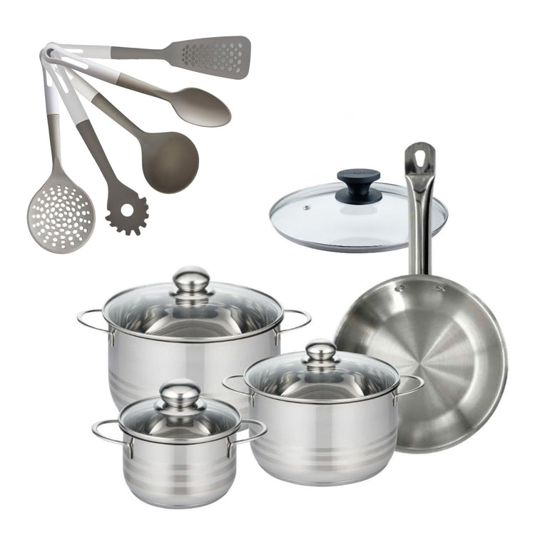 Batterie de cuisine avec 3 faitouts 16/20/24 cm et 1 poêle 24 cm avec 6 ustensiles de cuisine Fackelmann Etherna Brillant Vario avec couvercles