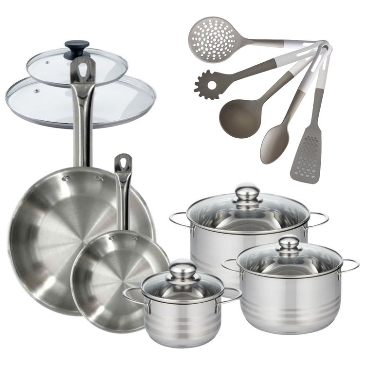 Batterie de cuisine avec 3 faitouts 16/20/24 cm et 2 poêles 20/28 cm avec 7 ustensiles de cuisine Fackelmann Etherna Brillant Vario avec couvercles