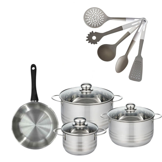 Batterie de cuisine avec 3 faitouts 16/20/24 cm et 1 poêle 20 cm sans PFAS et 5 ustensiles de cuisine Fackelmann Généva Brillant Vario