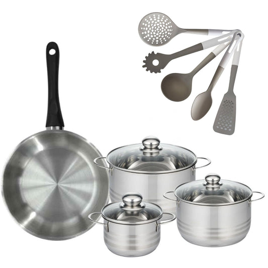 Batterie de cuisine avec 3 faitouts 16/20/24 cm et 1 poêle 28 cm avec 5 ustensiles de cuisine Fackelmann Généva Brillant Vario
