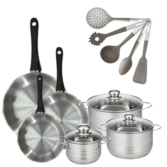 Lot 3 Poêles Inox 20/24/28cm  Fackelmann Geneva & 3 Faitouts 16/20/24cm avec 5 Ustensiles Fackelmann