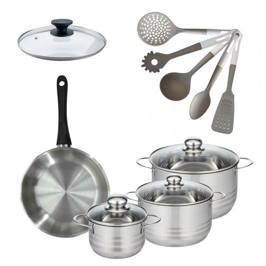 Batterie de cuisine Généva Brillant Vario : 3 faitouts 16/20/24 cm et 1 poêle 24 cm avec 6 ustensiles de cuisine couvercles inclus Fackelmann Généva Brillant Vario avec couvercles