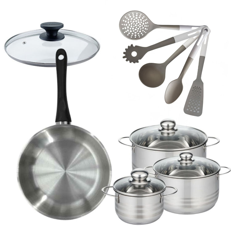 Batterie de cuisine avec 3 faitouts 16/20/24 cm et 1 poêle 28 cm sans PFAS et 6 ustensiles de cuisine Fackelmann Généva Brillant Vario avec couvercles